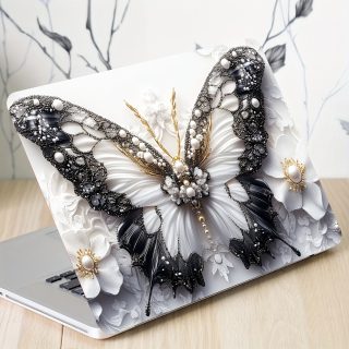 2pcs Butterfly Floral Laptop Light Beige Decals - Elegant Pearl & Crystal Design, Waterproof & Scratch-Resistant Vinyl Stickers for Notebooks, Semi-Matte Finish, Laptop Stickers