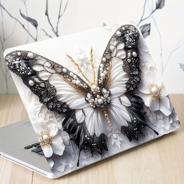 2pcs Butterfly Floral Laptop Light Beige Decals - Elegant Pearl & Crystal Design, Waterproof & Scratch-Resistant Vinyl Stickers for Notebooks, Semi-Matte Finish, Laptop Stickers