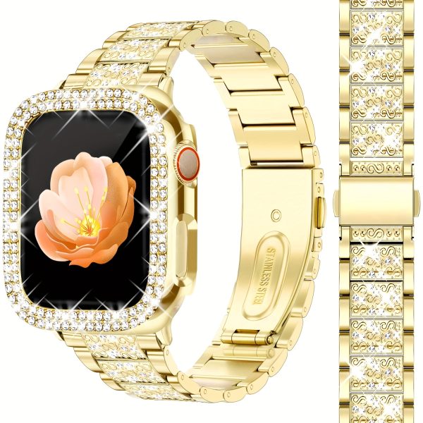 Shiny strap for, shiny case, compatible with iWatch strap 38/40/41/42/44/45/46/49mm elegant and fashionable rhinestone replacet metal chain wristband protective cover, suitable for series 10/9/8/7/6/5/4/3/2/1SE Golden - Image 3