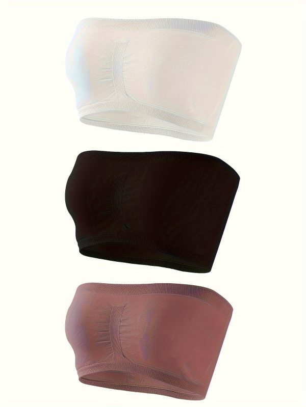 3-Pack Elegant Black Bandeau Bra Tops, Anti-Slip Gathered Chest Wrap, Seamless Strapless Breathable Lingerie Set - Image 5