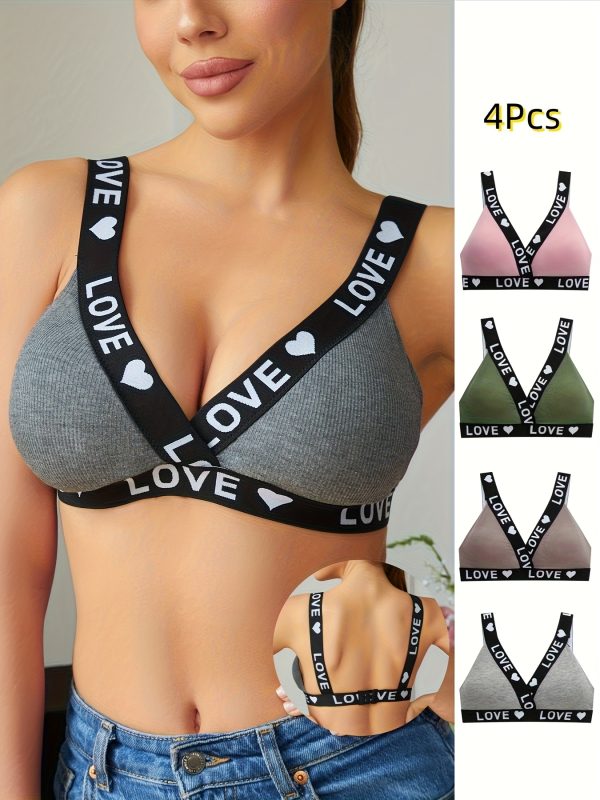 4pcs Women'S Casual Sports Bras - Breathable Knit Fabric, Love & Butterfly Print, Wireless, No Padding, Comfort Fit for Casual Attire, Everyday Comfort|Playful Print|Breathable Knit, Bras for Sport - Image 2